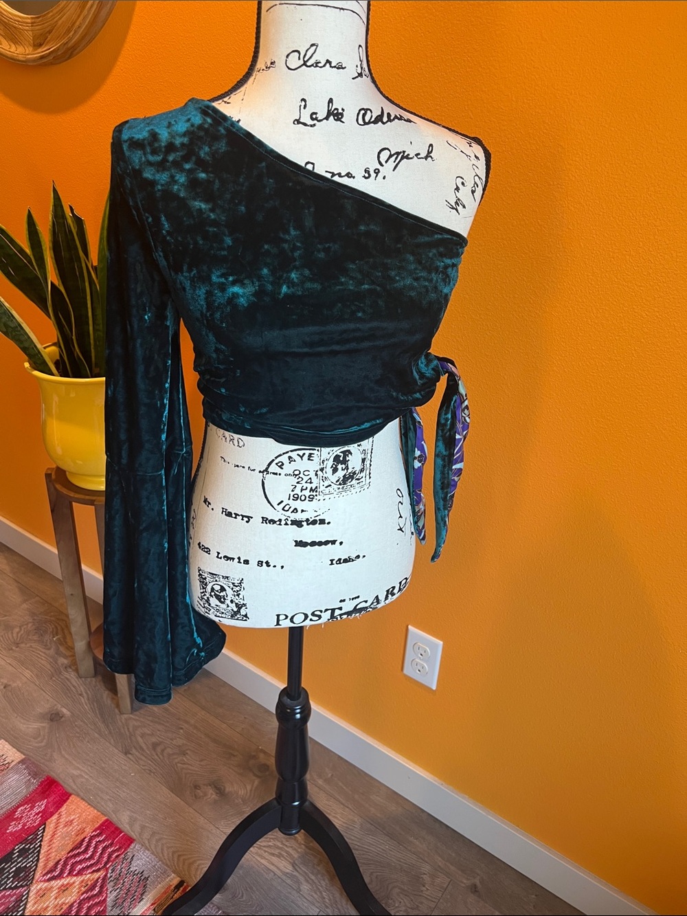 Free People Teal Velvet One-Shoulder Crop Top